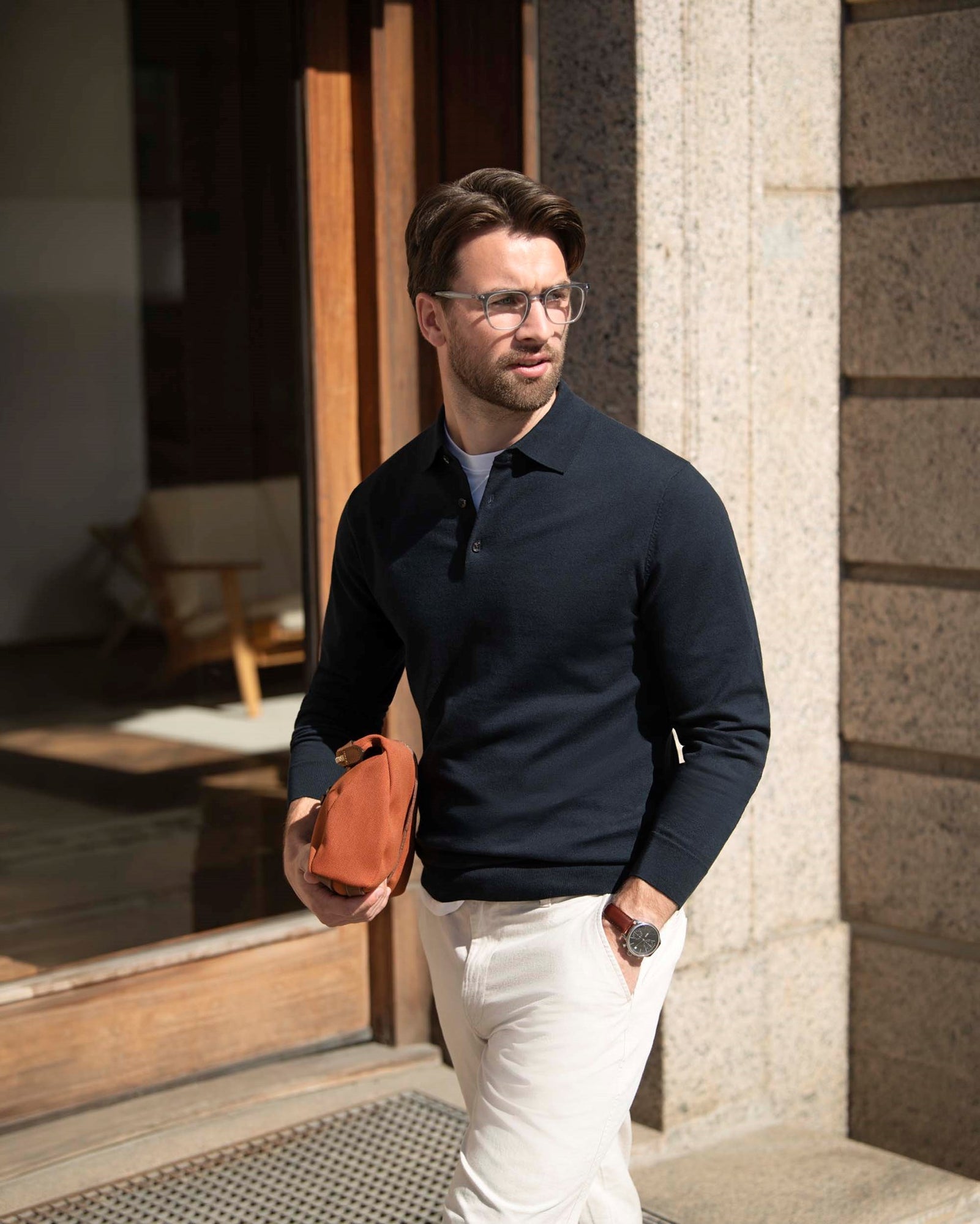 Brighton Long Sleeve Polo Men Navy Back
