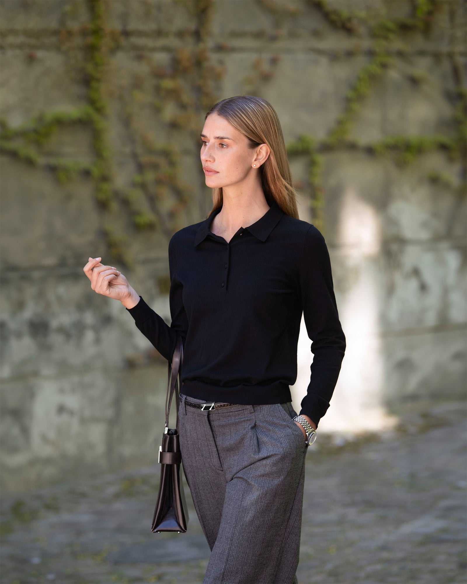 Brighton Long Sleeve Polo Women Grey Melange Back